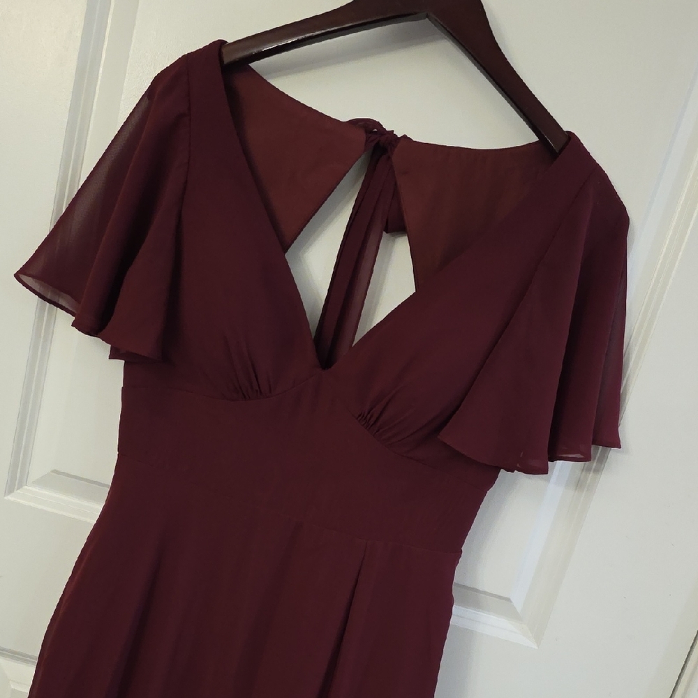 Azazie Kimber - Burgundy Flutter-Sleeve V-Neck Dress